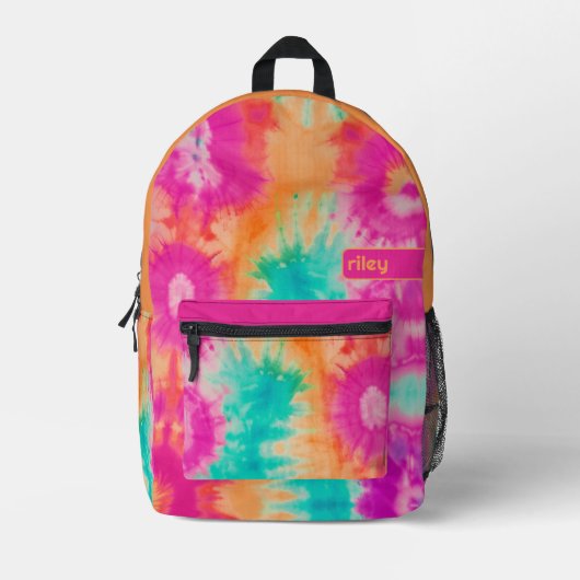 絞り染めパターンホットピンクオレンジティール（緑がかった色）-名前をカスタムする プリントバックパック (正面)