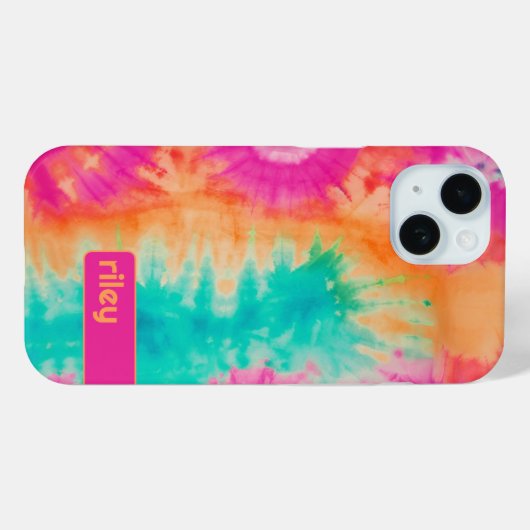絞り染めパターンホットピンクオレンジティール(緑がかった色)-名前をカスタムする Case-Mate iPhoneケース (裏面 (横))