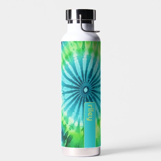 絞り染めパターンライムアクアティール(緑がかった色)-名前をカスタムする ウォーターボトル (左面)