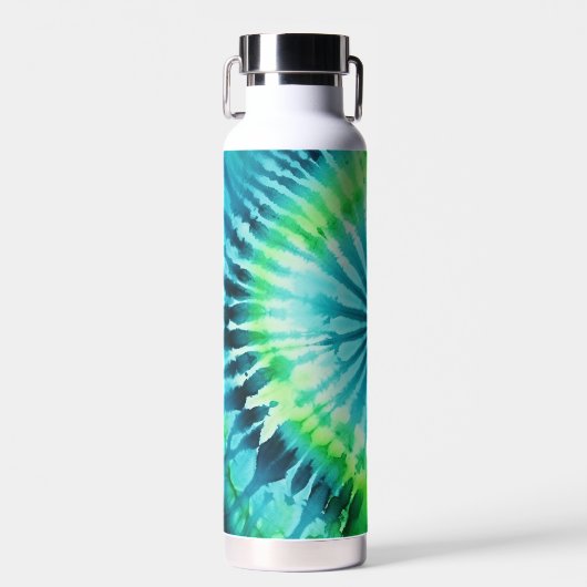 絞り染めパターンライムアクアティール(緑がかった色)-名前をカスタムする ウォーターボトル (正面)
