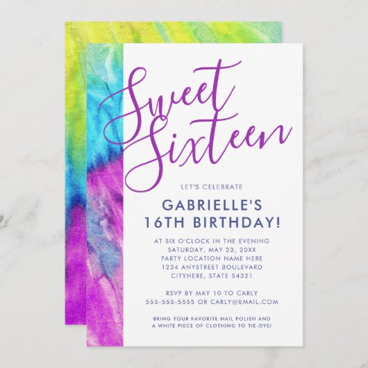 絞り染めヒッッピシックパープルアクアブルースウィート16 招待状 (正面/裏面)