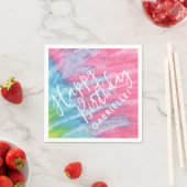 絞り染めヒッッピシックピンクティール(緑がかった色)ハッピーバースデー名 スタンダードカクテルナプキン (インサイチュ)