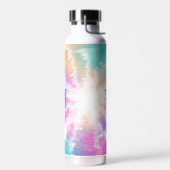 絞り染めピンクオレンジティール（緑がかった色）パープルモノグラム ウォーターボトル (左面)