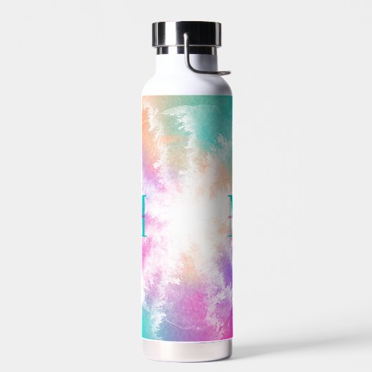 絞り染めピンクオレンジティール（緑がかった色）パープルモノグラム ウォーターボトル (左面)