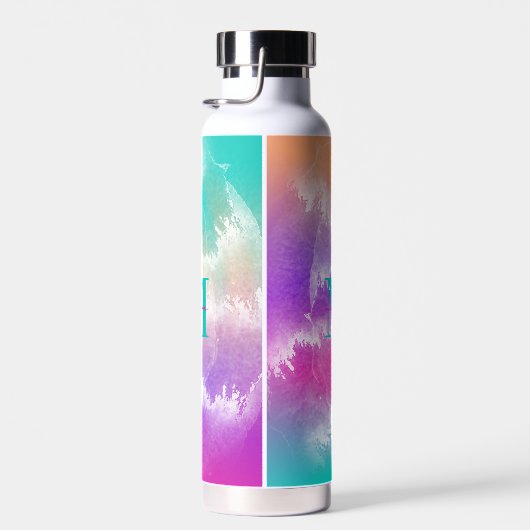 絞り染めピンクオレンジティール（緑がかった色）パープルモノグラム ウォーターボトル (右面)