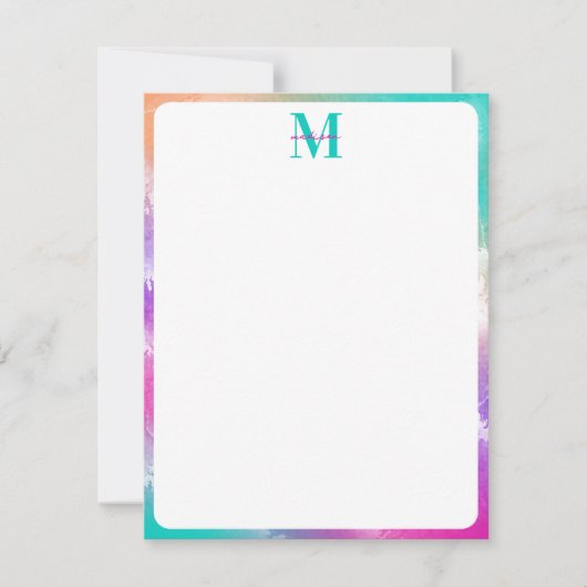 絞り染めピンクオレンジティール（緑がかった色）パープルモノグラム ノートカード (正面)
