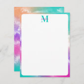 絞り染めピンクオレンジティール（緑がかった色）パープルモノグラム ノートカード (正面/裏面)