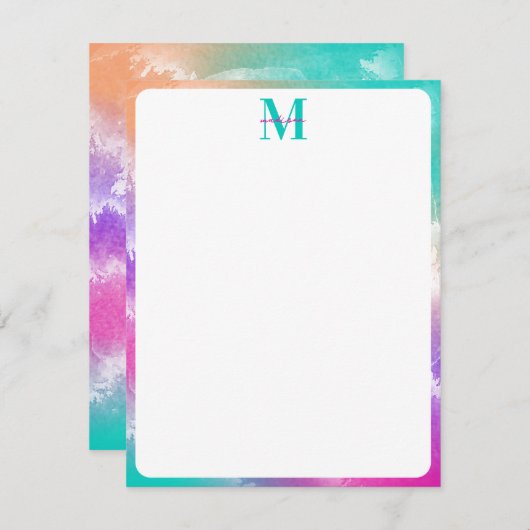 絞り染めピンクオレンジティール(緑がかった色)パープルモノグラム ノートカード (正面/裏面)