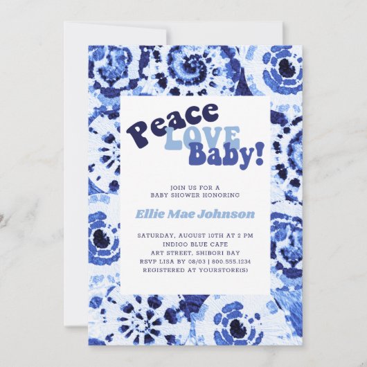 絞り染めブルーしぼりピースラブベビーシャワー 招待状 (正面)