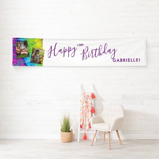 絞り染めモダンヒッピーパープルハッピーバースデーロン 横断幕 (インサイチュ)