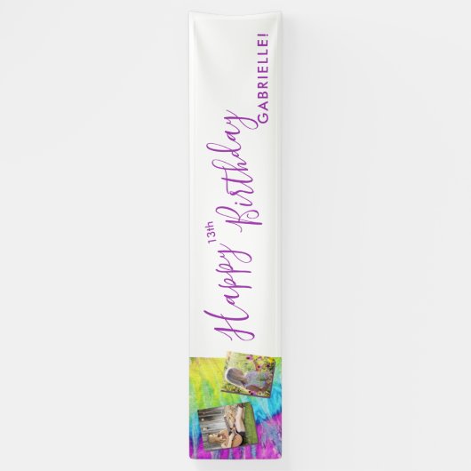 絞り染めモダンヒッピーパープルハッピーバースデーロン 横断幕 (縦)