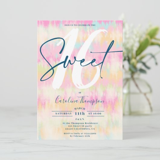 絞り染めユニコーンレインボーパステルフォントフォトスイート16 招待状 (スタンド正面)