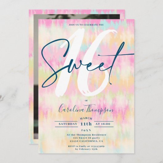 絞り染めユニコーンレインボーパステルフォントフォトスイート16 招待状 (正面/裏面)