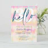絞り染めユニコーンレインボーパステルフォント写真hello 30 招待状 (スタンド正面)