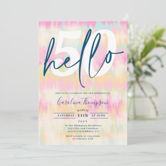 絞り染めユニコーンレインボーパステルフォント写真hello 50 招待状 (スタンド正面)