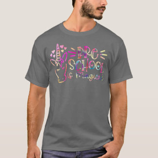 絞り染め幼稚園は魔法のユニコーン戻り学校 Tシャツ