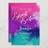 絞り染め水彩ピンクパープルスウィート16誕生日 招待状 (正面/裏面)
