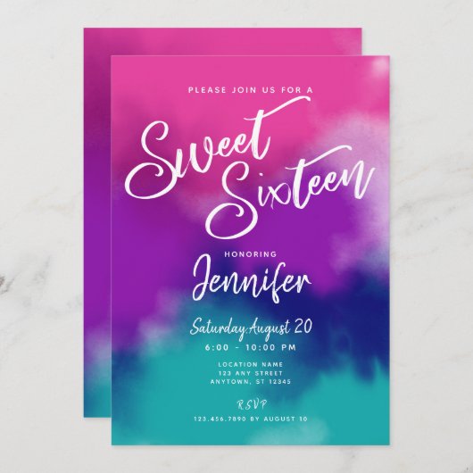 絞り染め水彩ピンクパープルスウィート16誕生日 招待状 (正面/裏面)