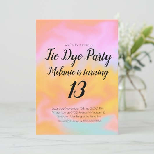 絞り染め誕生日パーティーピンクカラフルオレンジ 招待状 (スタンド正面)
