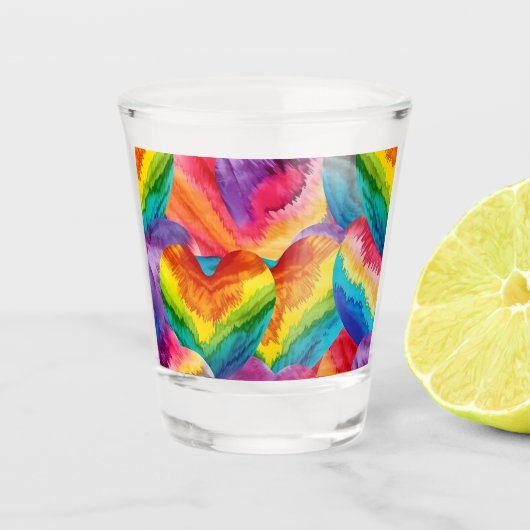 絞り染めGroovyハートカラフルオレンジ、赤、緑 ショットグラス (正面)