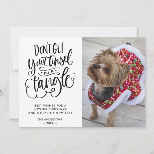 絡み合ったティンセルおもしろい犬ペット写真クリスマス シーズンカード (正面)