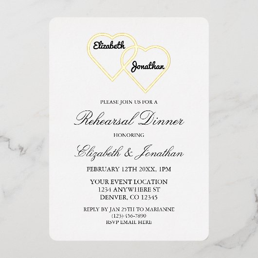絡み合ったハートリハーサルディナー 箔招待状 (正面)