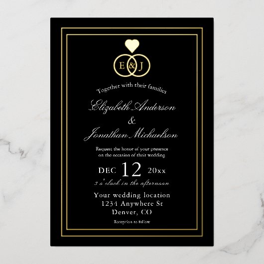 絡み合ったリングや輪結婚ズ 箔招待状 (正面)