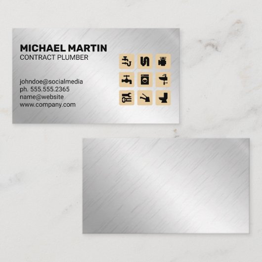 給排水衛生設備配管アイコン | アルミニウム金属背景 名刺 (正面/裏面)