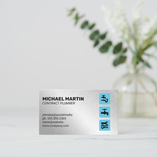 給排水衛生設備配管アイコン | メタル背景 名刺 (スタンド正面)