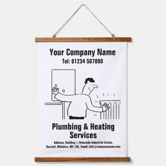 給排水設備および暖房サービス漫画デザインぶら下がったズ 吊り下げ型タペストリー (正面)