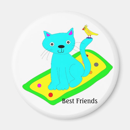 絨毯に黄色い鳥が乗った猫 マグネット (正面)