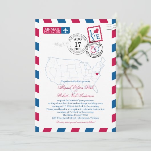 統一された州の地図バージニア州USAエアメール | ウェディング 招待状 (スタンド正面)