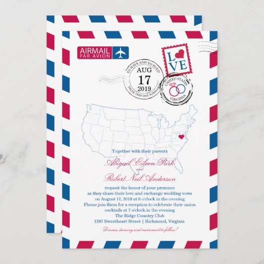 統一された州の地図バージニア州USAエアメール | ウェディング 招待状 (正面/裏面)