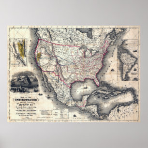 統一された州カリフォルニア金ゴールドラッシュの地図1849 ポスター