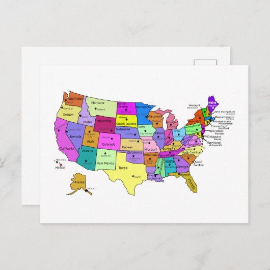 統一された州マップ州名と大文字 ポストカード (正面/裏面)