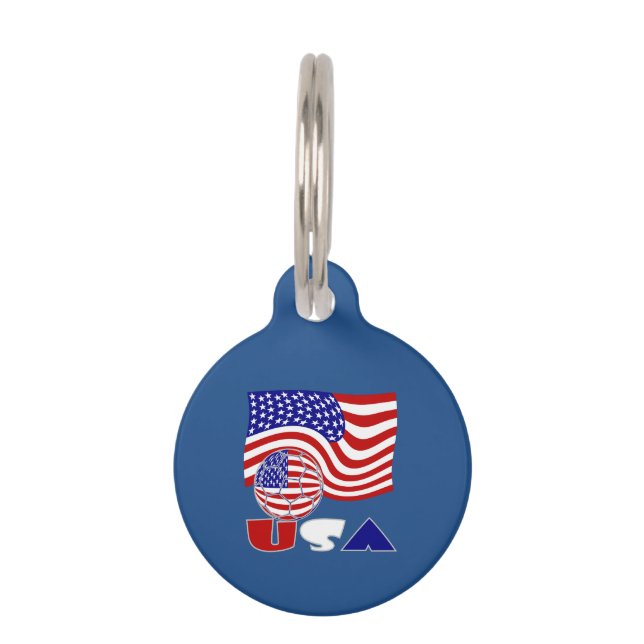 統一された州国旗USAサッカーボールブルー背景 ペット　ネームタグ (正面)