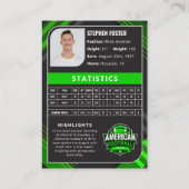 統計を含む緑と黒のサッカーのトレーディングカード コーリングカード (裏面)