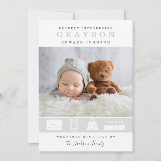 統計カモダンード付きの写真の誕生告知 招待状 (正面)