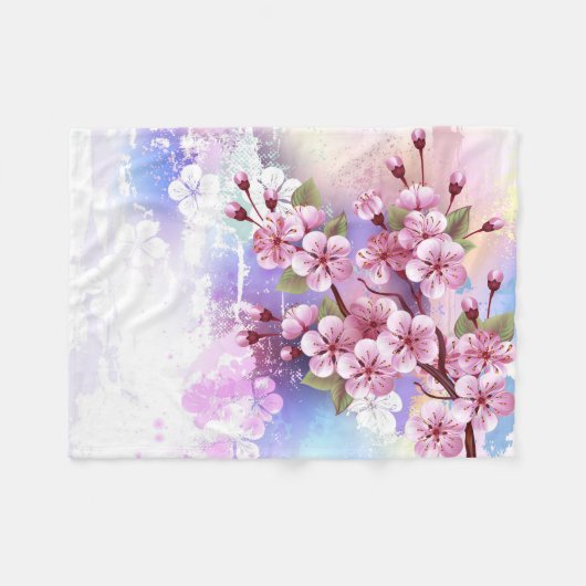 絵の背景にピンクの桜 フリースブランケット (正面(横))
