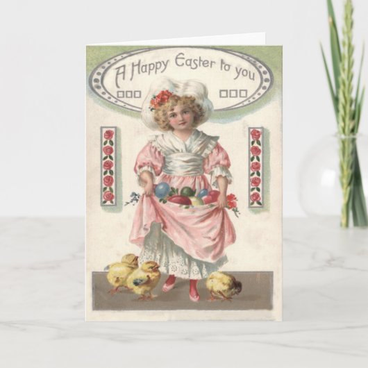 絵を描かれたビクトリアンな女の子はイースターエッグを上がりました着色しました シーズンカード (正面)