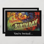 絵を描かれるハッピーバースデーのヴィンテージ 招待状 (正面/裏面)