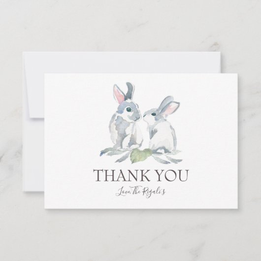 絵を描かわいらし水の色のバニーと緑の葉 サンキューカード (正面)
