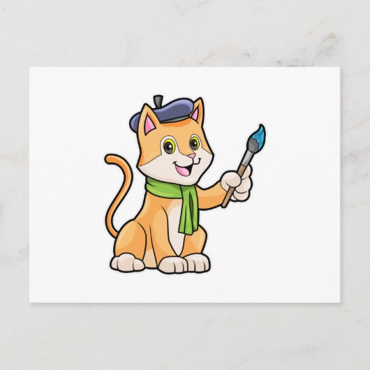 絵を描く猫 - ブラシとスカーフ付き ポストカード (正面)