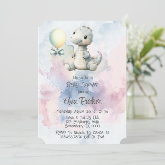 絵を描しぶきはき愛らしい恐竜の赤ちゃんシャワー 招待状 (スタンド正面)