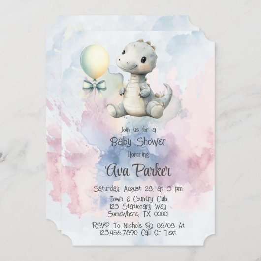 絵を描しぶきはき愛らしい恐竜の赤ちゃんシャワー 招待状 (正面/裏面)