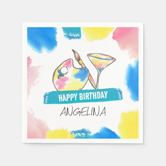 絵を描とSip誕生日の絵を描パーティーとワイン スタンダードカクテルナプキン (正面)