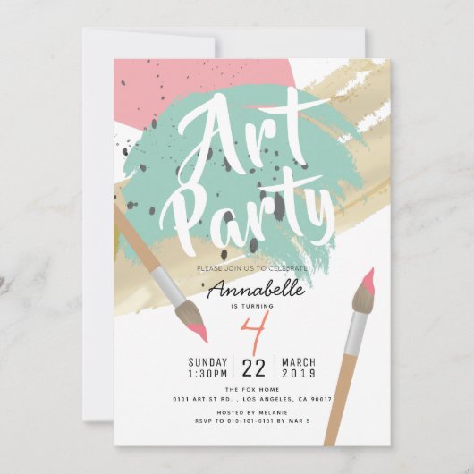 絵を描のアートスタイリッシュパーティーモダンGIrl誕生日 招待状 (正面)