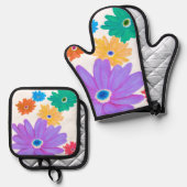 絵を描はっきりした咲き花デザイン 鍋つかみ&鍋敷きセット (正面/裏面)