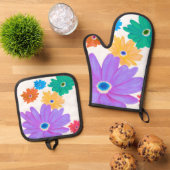 絵を描はっきりした咲き花デザイン 鍋つかみ&鍋敷きセット (トップダウン)