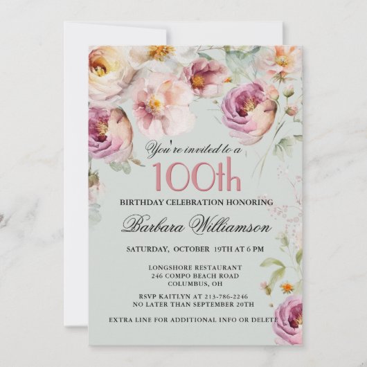 絵を描エレガントフローラ100th誕生日パーティー 招待状 (正面)